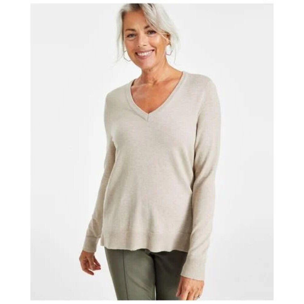 Style & Co Women's Long Sleeve V-Neck Sweater In Solid Brown Top Size PP Petite